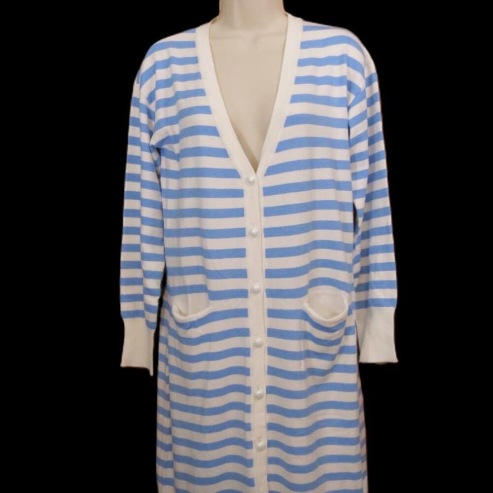 Orly Long Cardigan Sweater Blue/White Stripe Viscose Blend Size Small